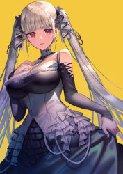Rule 34 | 1girl, azur lane, bare shoulders, between breasts, black bow, black dress, blunt bangs, bow, breasts, cleavage, clothing cutout, corset, cowboy shot, detached collar, dress, earrings, formidable (azur lane), frilled dress, frills, hair bow, hand on own chest, highres, jewelry, large breasts, long hair, long sleeves, parted lips, red eyes, shoulder cutout, silver hair, simple background, skirt hold, smile, solo, twintails, ukimesato, very long hair, white bow, yellow background