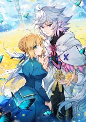 Rule 34 | 1boy, 1girl, ahoge, artoria pendragon (all), artoria pendragon (fate), blonde hair, blue dress, blue eyes, blurry, blurry background, braid, bug, butterfly, cape, dress, fate/grand order, fate (series), flower, green eyes, grey hair, highres, holding, holding flower, insect, juliet sleeves, kamiowl, long hair, long sleeves, looking at viewer, merlin (fate), open mouth, outdoors, pointy ears, puffy sleeves, ribbon, saber (fate), short hair, smile, white cape