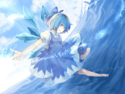 Rule 34 | bad id, bad pixiv id, barefoot, blue eyes, blue hair, bow, cirno, hair bow, highres, rifsom, short hair, embodiment of scarlet devil, touhou, water, wings