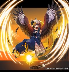 Rule 34 | 10s, 1girl, blonde hair, cleiooo, feathered wings, female focus, flying, harpy, long hair, monster girl, open mouth, solo, sunset, wings, wixoss