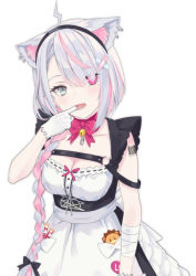 Rule 34 | 1girl, android, animal ears, apron, bandaged arm, bandages, bandaid, bandaid hair ornament, barcode, barcode tattoo, bell, black hairband, braid, breasts, cat ears, chest strap, cleavage, crossed bandaids, crosshair eyes, earrings, eyebrows hidden by hair, eyes visible through hair, g-sammy, gloves, grey eyes, hair ornament, hairband, heterochromia, highres, indie virtual youtuber, jewelry, jingle bell, lolo (vtuber), long hair, maid, medium breasts, mismatched pupils, mouth pull, multicolored hair, pink eyes, pink hair, silver hair, single braid, solo, streaked hair, tattoo, two-tone hair, underbust, very long hair, virtual youtuber, waist apron, white background, white gloves