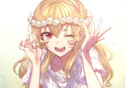 Rule 34 | 1girl, ;d, absurdres, blonde hair, collarbone, hair between eyes, highres, long hair, looking at viewer, one eye closed, open mouth, original, red eyes, shirt, short sleeves, simple background, smile, solo, upper body, wata (attaka towel), white background, white shirt
