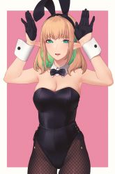 Rule 34 | 1girl, :d, animal ears, bare shoulders, black bow, black bowtie, black gloves, black hairband, black leotard, blonde hair, bow, bowtie, breasts, colored inner hair, commentary request, cowboy shot, detached collar, elf, fake animal ears, fishnet pantyhose, fishnets, gloves, green eyes, green hair, hairband, hands up, highres, hikichi sakuya, large breasts, leotard, long hair, looking at viewer, mole, mole on shoulder, mole under eye, multicolored hair, open mouth, original, pantyhose, pink background, playboy bunny, pointy ears, rabbit ears, rabbit pose, simple background, smile, solo, two-tone hair, wrist cuffs