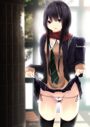 Rule 34 | 1girl, absurdres, bag, black hair, bow, bow panties, breasts, clothes lift, feesuke, female pubic hair, groin, highres, holding, jacket, lifted by self, long hair, looking at viewer, medium breasts, necktie, open mouth, panties, plaid, plaid skirt, pleated skirt, pubic hair, purple eyes, scarf, school bag, school uniform, side-tie panties, skirt, skirt lift, solo, sparse pubic hair, standing, teeth, thighhighs, thong, underwear, upper teeth only, vest