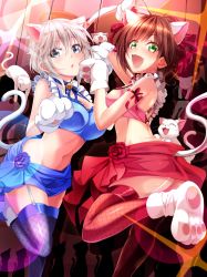 Rule 34 | 10s, 2girls, :d, anastasia (idolmaster), animal, animal ears, animal hands, bad id, bad twitter id, bell, blue eyes, blue thighhighs, blush, breasts, brown hair, cat, cat ears, cat paws, cat tail, cleavage, collar, fake animal ears, fake tail, fang, fishnet legwear, fishnets, frills, garter straps, green eyes, haruka natsuki, idolmaster, idolmaster cinderella girls, large breasts, looking at viewer, maekawa miku, midriff, multiple girls, navel, neck bell, open mouth, red legwear, short hair, smile, tail, thighhighs, white hair
