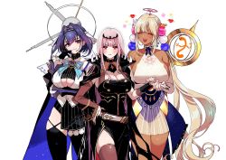 Rule 34 | 3girls, black dress, black nails, black thighhighs, blonde hair, blue eyes, blue hair, blush, bow, breasts, chain, cleavage, dark-skinned female, dark blue hair, dark skin, dress, frown, gem, hair ornament, hand on own face, hand on own hip, holding hands, hololive, hololive english, huge breasts, jewelry, large breasts, mamaloni, mori calliope, multiple girls, nail polish, ouro kronii, ouro kronii (1st costume), pink hair, rabbit hair ornament, red eyes, see-through, see-through sleeves, sideboob, single thighhigh, thighhighs, tiara, tsukumo sana, tsukumo sana (1st costume), underboob, veil, virtual youtuber, white background, yellow eyes