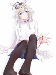 Rule 34 | 1girl, :o, absurdres, ahoge, animal ears, black hair, black pantyhose, blue skirt, commentary request, grey hair, ha (hura76752775), head tilt, highres, horse ears, horse girl, horse tail, knees up, long hair, long sleeves, looking at viewer, multicolored hair, no shoes, oguri cap (umamusume), pantyhose, parted lips, pleated skirt, shirt, sitting, skirt, solo, tail, two-tone hair, umamusume, very long hair, white background, white shirt