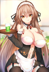 Rule 34 | 1girl, :q, absurdres, alternate costume, apron, bare shoulders, black ribbon, black skirt, black thighhighs, blush, bodypaint, breasts, brown hair, cafeteria, character name, chixiao, cleavage, closed mouth, collarbone, covered erect nipples, day, detached collar, detached sleeves, enmaided, frilled sleeves, frills, garter straps, girls&#039; frontline, hair between eyes, hair ribbon, head tilt, heart, highres, holding, holding tray, indoors, large breasts, long hair, looking at viewer, m37 (girls&#039; frontline), maid, maid headdress, navel, no bra, orange eyes, paw print, paw print pattern, ribbon, sidelocks, skirt, smile, solo, stomach, thighhighs, tongue, tongue out, tray, very long hair, window