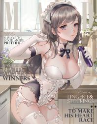 Rule 34 | 1girl, arm up, armpits, artist name, bad id, bad pixiv id, bare shoulders, black nails, blush, bow, breasts, brown hair, chowbie, cleavage, cover, cowboy shot, detached collar, eggplant, elbow gloves, english text, fake cover, food, frilled leotard, frills, garter straps, gloves, holding, holding food, indoors, kitchen, large breasts, leaning forward, leotard, long hair, lowleg, lowleg panties, maid, maid headdress, maid leotard, nail polish, neck ribbon, original, panties, parted lips, purple eyes, ribbon, solo, swept bangs, thighhighs, unconventional maid, underwear, vegetable, white bow, white gloves, white leotard, white panties, white thighhighs