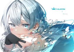 Rule 34 | 1girl, artist glove, black gloves, blue hair, blue nails, blush, covering own mouth, earrings, gloves, grey eyes, grey hair, hands up, huion, jewelry, looking at viewer, nail polish, original, ring, ryota (ry o ta), single glove, solo, tears, water