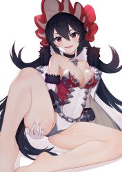 Rule 34 | 1girl, absurdres, bare shoulders, barefoot, black choker, black hair, blush, bonnet, breasts, cape, choker, cleavage, cloak, collarbone, commentary request, fur-trimmed cape, fur-trimmed gloves, fur trim, gloves, hair between eyes, highres, illya (princess connect!), legs, long hair, looking at viewer, medium breasts, nanguadeng, open mouth, princess connect!, red eyes, simple background, sitting, smile, solo, spread legs, thighs, very long hair, white background, white cloak, white gloves