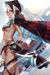 Rule 34 | 1girl, azur lane, black cape, black gloves, black panties, blue background, blurry, blurry background, bodypaint, breasts, cape, crop top, crop top overhang, dark-skinned female, dark skin, facepaint, fingerless gloves, fur trim, gloves, gradient background, hairband, hand on own hip, headgear, highleg, highleg panties, holding, holding weapon, hood, huge weapon, kyuuri no tsukemono, large breasts, loincloth, long hair, looking at viewer, medium breasts, midriff, minneapolis (azur lane), native american, navel, nostrils, panties, parted lips, profile, raised eyebrow, red eyes, revealing clothes, sideboob, sidelocks, solo, sparkle, standing, sunlight, thigh strap, thighs, thong, underboob, underwear, weapon, white background, white hair