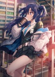 Rule 34 | 1girl, belt, blue archive, blush, bridge, car, coat, coffee cup, cup, disposable cup, drinking, eyelashes, gloves, graffiti, hair between eyes, hair ornament, halo, hirokazu (analysis-depth), id card, long hair, motor vehicle, necktie, outdoors, purple eyes, shirt, skirt, solo, thighs, twintails, yuuka (blue archive)