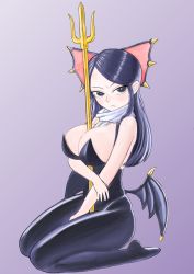 Rule 34 | 1girl, absurdres, alternate costume, between breasts, black bodysuit, black eyes, black hair, black wings, blush, bodysuit, breasts, bright pupils, cleavage, closed mouth, commentary request, cookie (touhou), demon girl, demon wings, frown, full body, gedatsu iroiro, hakurei reimu, highres, large breasts, long hair, looking at viewer, low wings, pantyhose, polearm, purple background, scarf, shiromiya rei, solo, swept bangs, touhou, trident, weapon, white pupils, white scarf, wings