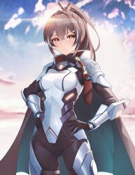 Rule 34 | 1girl, armor, black bodysuit, black cape, black gloves, blue sky, bodysuit, breastplate, breasts, brown eyes, brown hair, cape, closed mouth, cloud, cloudy sky, cowboy shot, day, frown, full armor, gloves, green cape, hands on own hips, head wings, helldivers (series), high ponytail, highres, hololive, hololive english, large breasts, legs apart, lens flare, long hair, looking at viewer, multicolored hair, nanashi mumei, outdoors, pauldrons, shoulder armor, sidelocks, sk jynx, sky, solo, streaked hair, two-sided cape, two-sided fabric, v-shaped eyebrows, vambraces, virtual youtuber, white hair, wings