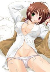 Rule 34 | 00s, 1girl, ahoge, blouse, blush, bottomless, breasts, brown hair, bukkake, cleavage, cum, groin, heterochromia, impossible clothes, impossible shirt, lace, lace-trimmed panties, lace trim, large breasts, lying, no pants, on back, open clothes, open shirt, panties, panty pull, q-gaku, rozen maiden, shirt, short hair, solo, souseiseki, third-party edit, underwear, vest, white panties