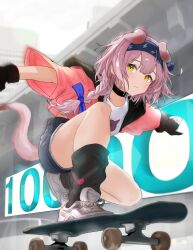 Rule 34 | 1girl, alternate costume, animal ears, arknights, black choker, black gloves, black socks, blue bow, blue hairband, blush, bow, braid, cat ears, cat tail, choker, closed mouth, commentary request, cross-laced footwear, fingerless gloves, from below, gloves, goldenglow (arknights), hair bow, hairband, highres, long hair, looking at viewer, loose socks, milestone celebration, outdoors, outstretched arms, pink hair, shirt, shoes, short shorts, shorts, sideways glance, single braid, skateboard, skateboarding, smirk, sneakers, socks, solo, sora mame (princess 0sora), spread arms, tail, white footwear, white shirt, yellow eyes