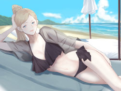 Rule 34 | 1girl, alternate hairstyle, arm support, beach, beach umbrella, bikini, black bikini, blonde hair, blouse, blue eyes, blue sky, breasts, chair, cleavage, cloud, commentary request, day, frilled bikini, frills, hair between eyes, highres, horizon, kantai collection, long hair, looking at viewer, lounge chair, lying, medium breasts, mole, mole under eye, mole under mouth, mountain, ocean, on side, open clothes, open shirt, outdoors, ponytail, richelieu (kancolle), shingyou (alexander-13), shirt, side-tie bikini bottom, sky, solo, swimsuit, umbrella