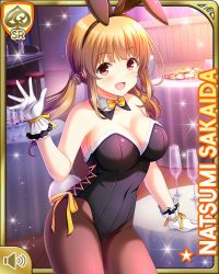 Rule 34 | 1girl, :d, animal ears, black leotard, bow, bowtie, breasts, brown hair, brown pantyhose, card (medium), cleavage, collarbone, fake animal ears, fake tail, girlfriend (kari), gloves, indoors, large breasts, leotard, long hair, night, official art, open mouth, pantyhose, qp:flapper, rabbit ears, rabbit girl, rabbit tail, red eyes, ribbon, sakaida natsumi, smile, solo, standing, tagme, tail, white gloves, yellow bow, yellow ribbon