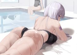 Rule 34 | 2girls, absurdres, ass, bikini, black bikini, blush, borrowed character, breasts, character request, copyright request, highres, large breasts, long hair, looking back, lying, multiple girls, natu (natu sod), on stomach, one-piece swimsuit, pool, purple eyes, sitting, swimsuit, wet, white hair