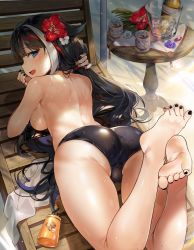Rule 34 | 1girl, :d, ass, azur lane, backboob, barefoot, bikini, unworn bikini, black bikini, black hair, black nails, blue eyes, blush, bottle, breasts, chair, cup, day, deutschland (azur lane), deutschland (service time?!) (azur lane), fang, feet, feet up, flower, gijang, glint, hair flower, hair ornament, hibiscus, holding, holding hair, ice, long hair, looking at viewer, lotion, lounge chair, lying, multicolored hair, nail polish, on stomach, open mouth, outdoors, red hair, sand, side-tie bikini bottom, skin fang, smile, soles, solo, streaked hair, swimsuit, table, toenail polish, toenails, toes, very long hair, wet, white hair