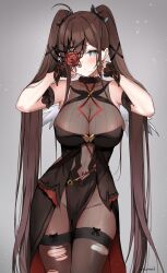 Rule 34 | 1girl, bare shoulders, black dress, blush, breasts, brown hair, brown thighhighs, cleavage, collarbone, dress, epic seven, flower, grey eyes, highres, kaetzchen, large breasts, long hair, looking at viewer, pelvic curtain, roana (epic seven), rose, solo, thighhighs, thighs, twintails, very long hair, wrist cuffs