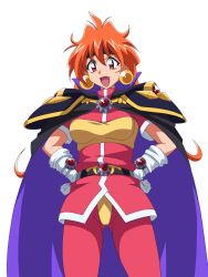 Rule 34 | 1girl, armor, blush, breasts, cape, earrings, gloves, hands on own hips, headband, highres, jewelry, kakikorori, lina inverse, long hair, looking at viewer, open mouth, orange hair, pauldrons, red eyes, shoulder armor, simple background, slayers, smile, solo, white background