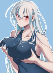 Rule 34 | 1girl, alternate costume, arknights, blue background, blue nails, blue one-piece swimsuit, blush, breasts, bust cup, chinese commentary, closed mouth, collarbone, covered erect nipples, deep skin, embarrassed, frown, grabbing own breast, hair between eyes, heart, highres, large breasts, long hair, looking at viewer, nail polish, one-piece swimsuit, outline, red eyes, school swimsuit, silver hair, simple background, skadi (arknights), solo, swimsuit, tareme, upper body, water, wet, wet clothes, wet swimsuit, yonghu 20251