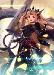 Rule 34 | 1girl, :d, black cape, black dress, black nails, blonde hair, blurry, cage, cape, chain, commentary request, depth of field, dress, earrings, ereshkigal (fate), ereshkigal (third ascension) (fate), fate/grand order, fate (series), feet out of frame, fingernails, hair ribbon, highres, holding, holding weapon, hoop earrings, jewelry, kuroi susumu, long hair, long sleeves, looking at viewer, nail polish, open mouth, red eyes, ribbon, skull, smile, solo, standing, tiara, two side up, very long hair, weapon