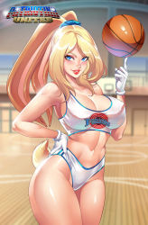 Rule 34 | 1girl, ball, basketball, basketball (object), blonde hair, blue eyes, breasts, character name, cleavage, commission, copyright name, covered erect nipples, gloves, hand on own hip, highres, humanization, lena dai, lipgloss, lola bunny, long hair, midriff, navel, personification, smile, solo, space jam, sportswear, uniform
