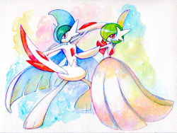 Rule 34 | 10s, arm blade, cape, creatures (company), dress, fighting stance, gallade, game freak, gardevoir, gen 3 pokemon, gen 4 pokemon, horns, mega gallade, mega gardevoir, mega pokemon, nintendo, no humans, painting (medium), pokemon, pokemon (creature), pokemon oras, red eyes, shige (19921012), spikes, traditional media, watercolor (medium), weapon