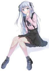 Rule 34 | 168 azusa, 1girl, alternate costume, artist name, black footwear, black skirt, black socks, blue eyes, blue hair, blush, casual, closed mouth, commentary request, fishnet pantyhose, fishnets, full body, highres, index (toaru majutsu no index), lolita fashion, long hair, long sleeves, looking at viewer, pantyhose, pink shirt, shirt, shoes, sitting, skirt, socks, solo, suspender skirt, suspenders, toaru majutsu no index, twitter username, two side up, v, watermark