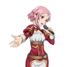 Rule 34 | 1girl, breasts, cleavage, hair ornament, hairclip, holding, holding microphone, lisbeth (sao-alo), looking at viewer, medium breasts, microphone, open mouth, outstretched arm, pants, pink hair, red eyes, short hair, solo, standing, sword art online, transparent background, white pants
