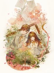 Rule 34 | 1boy, 1girl, blunt bangs, brother and sister, brown eyes, brown hair, brown ribbon, closed mouth, collared shirt, commentary, deemo, dress, english commentary, hair between eyes, highres, leaf, letter, long hair, musical note, neck ribbon, niwa haruki, paper, picture frame, plant, ribbon, shirt, short hair, siblings, smile, spoilers, tree, upper body, white dress, white shirt