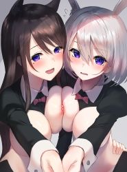 Rule 34 | 2girls, animal ear fluff, bad id, bad pixiv id, blue eyes, blush, breast press, brown hair, cheek-to-cheek, commentary request, gradient background, grey hair, hair between eyes, heads together, highres, holding hands, kakaon, looking at viewer, meme attire, mole, mole under eye, multiple girls, nipples, open mouth, original, purple eyes, reverse bunnysuit, reverse outfit, smile, symmetrical docking, symmetry