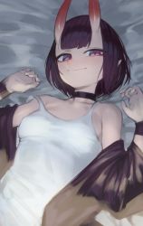 Rule 34 | 1girl, bare shoulders, blouse, blush, bob cut, breasts, choker, chorogon, eyeliner, fate/grand order, fate (series), highres, horns, long sleeves, looking at viewer, lying, makeup, off shoulder, on back, oni, pointy ears, purple eyes, purple hair, shirt, short hair, shuten douji (fate), skin-covered horns, small breasts, smile, solo, white shirt