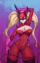 Rule 34 | 1girl, absurdres, big hair, blue eyes, bodysuit, boots, breasts, cat mask, catsuit, cropped legs, full-length zipper, gloves, highres, large breasts, mask, persona, persona 5, pink gloves, red bodysuit, red footwear, shrug (clothing), standing, takamaki anne, thigh boots, twintails, whip, zipper, zukupow