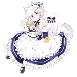Rule 34 | 1girl, animal, animal ear fluff, animal ears, apron, arato asato, azur lane, bare shoulders, little bel (azur lane), belfast (azur lane), bell, bird, black footwear, blue bow, blue dress, blue ribbon, blush, bow, braid, cat ears, cat girl, cat tail, character doll, chestnut mouth, chick, commentary, dress, elbow gloves, frilled apron, frills, full body, gloves, hair ribbon, head tilt, jingle bell, kemonomimi mode, maid, maid headdress, mary janes, hugging object, one side up, parted lips, ribbon, sheffield (azur lane), shoes, simple background, sleeveless, sleeveless dress, solo, striped, striped bow, tail, tail bell, tail bow, tail ornament, tail raised, waist apron, white apron, white background, white gloves
