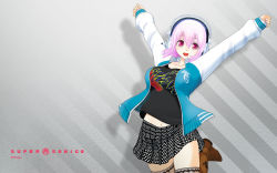 Rule 34 | 1girl, 3d, arms up, breasts, contemporary, headphones, highres, jacket, large breasts, long hair, looking at viewer, midriff, nitroplus, official art, official wallpaper, open mouth, outstretched arms, pink eyes, pink hair, shirt, skirt, smile, solo, super sonico, t-shirt, thighhighs, tsuji santa, wallpaper