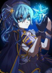 Rule 34 | 1girl, absurdres, beret, black gloves, blue capelet, blue eyes, blue hair, blue hat, capelet, closed mouth, costume request, dark background, earrings, glint, gloves, glowing, hair ornament, hands up, hat, highres, hololive, hoshimachi suisei, jewelry, light smile, long hair, sattari, side ponytail, single glove, solo, sparkle, star (symbol), star hair ornament, star in eye, symbol in eye, upper body, virtual youtuber