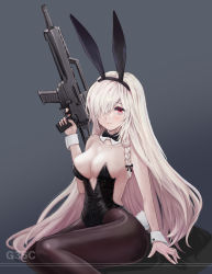 Rule 34 | 1girl, alternate costume, animal ears, arm support, assault rifle, bare shoulders, black bow, black bowtie, black leotard, black pantyhose, blonde hair, blush, bow, bowtie, braid, breasts, character name, cleavage, closed mouth, collarbone, detached collar, fake animal ears, feet out of frame, g36c (girls&#039; frontline), girls&#039; frontline, gun, h&amp;k g36c, hair over one eye, highres, holding, holding gun, holding weapon, leotard, lips, long hair, looking at viewer, medium breasts, pantyhose, playboy bunny, purple eyes, rifle, shadow, simple background, single braid, sitting, smile, solo, soribit95, thighs, traditional bowtie, weapon, white wrist cuffs, wrist cuffs