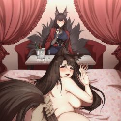 Rule 34 | 2girls, akagi (azur lane), akizuki (17769498), amagi (azur lane), animal ear fluff, animal ears, azur lane, blush, breasts, brown hair, brown tail, commission, completely nude, closed eyes, fox ears, fox girl, fox tail, highres, ice bucket, implied sex, indoors, japanese clothes, kimono, kitsune, kyuubi, large breasts, long hair, looking at viewer, looking back, lying, multiple girls, multiple tails, nude, on bed, on stomach, pov, pov hands, red eyes, skeb commission, tail, tail grab, watching