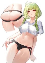 Rule 34 | 1girl, :&lt;, ahoge, ass, ass cutout, backless panties, black panties, blush, breasts, butt crack, closed mouth, clothing cutout, commentary request, crop top, crop top overhang, green hair, highres, ichibi, large breasts, looking at viewer, multiple views, original, panties, red eyes, shirt, short hair with long locks, short sleeves, simple background, underwear, white background, white shirt