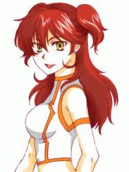 Rule 34 | 00s, 1girl, freckles, gundam, gundam 00, lowres, midriff, nena trinity, red hair, solo, two side up, yellow eyes