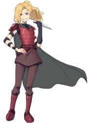 Rule 34 | 1girl, amphibia, armor, armored boots, black shirt, blonde hair, blue eyes, boots, brown pants, brown skirt, cape, clenched teeth, full body, gloves, hand on own hip, highres, holding, holding knife, junsui (omori0310), knee boots, knife, pants, pants under skirt, pauldrons, ponytail, red armor, red footwear, sasha waybright, scale armor, shirt, shoulder armor, single glove, skirt, smile, smirk, solo, spiked belt, standing, teeth, turtleneck, white background