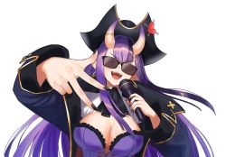 Rule 34 | 1girl, ascot, black hat, black nails, breasts, captain hannah, cleavage, clothing cutout, coat, commentary, earrings, english commentary, fangs, fingernails, gudanco (nyanmeowzer), hat, heart, heart-shaped pupils, highres, holding, holding microphone, horns, indie virtual youtuber, jewelry, large breasts, long hair, looking at viewer, microphone, nail polish, oni horns, open clothes, open coat, open mouth, pantyhose, pirate, pointy ears, purple hair, rapping, red eyes, second-party source, solo, sunglasses, symbol-shaped pupils, tinted eyewear, tricorne, virtual youtuber, wing collar