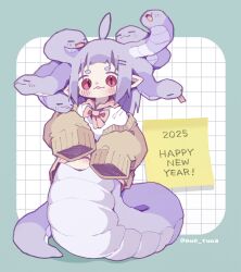 Rule 34 | 1girl, 2025, :&lt;, absurdres, ahoge, blue border, blush, border, bow, bowtie, cardigan, chinese zodiac, collar, commentary request, grid background, hair ornament, hairclip, happy new year, highres, hikimayu, lamia, medium hair, monster girl, new year, nikamoka, no nose, open mouth, original, pink bow, pink bowtie, pink collar, pointy ears, purple eyes, purple hair, shirt, sleeves past wrists, slit pupils, snake hair, solo, sticky note, twitter username, white shirt, year of the snake