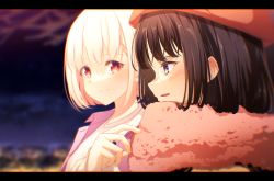 Rule 34 | 2girls, absurdres, aoi hane, beret, black hair, blonde hair, blurry, blurry background, blush, chromatic aberration, closed mouth, collared shirt, commentary request, depth of field, film grain, from side, hand up, hat, highres, inoue takina, letterboxed, long hair, long sleeves, looking at another, looking away, looking to the side, lycoris recoil, multiple girls, night, night sky, nishikigi chisato, nose blush, open clothes, open shirt, orange eyes, outdoors, parted lips, pink shirt, profile, purple eyes, red headwear, red scarf, scarf, shirt, short hair, side-by-side, sidelocks, sky, sleeves past wrists, smile, twitter username, upper body, white shirt