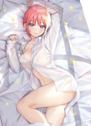 Rule 34 | 1girl, absurdres, bed sheet, blue eyes, blush, breast pocket, breasts, closed mouth, collared shirt, dress shirt, feet out of frame, from above, go-toubun no hanayome, highres, large breasts, long sleeves, looking at viewer, lying, nakano ichika, naked shirt, navel, no bra, no panties, on bed, on side, open clothes, open shirt, partially unbuttoned, petals, pillow, pink hair, piyo (pixiv 2308057), pocket, shirt, short hair, sleeves past wrists, smile, solo, thighs