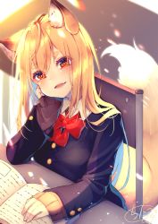 Rule 34 | 1girl, animal ear fluff, animal ears, backlighting, black jacket, blazer, blonde hair, blurry, blurry background, blush, book, bow, chair, chita (ketchup), collared shirt, commentary request, depth of field, fang, fingernails, fox ears, fox girl, fox tail, hair between eyes, head tilt, highres, jacket, long hair, long sleeves, on chair, open book, open mouth, original, red bow, red eyes, shirt, short eyebrows, signature, sitting, sleeves past wrists, solo, tail, tail raised, thick eyebrows, upper body, white shirt